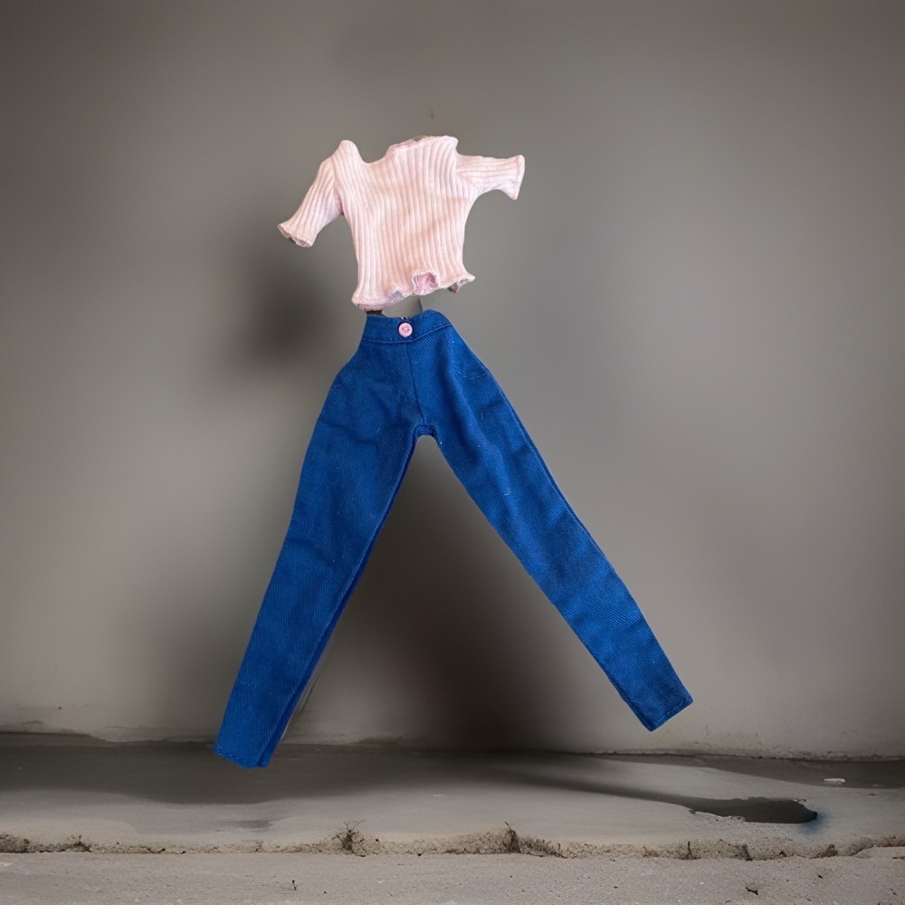 Vintage Barbie Outfit Pink Top Blue Pants Button On Pants